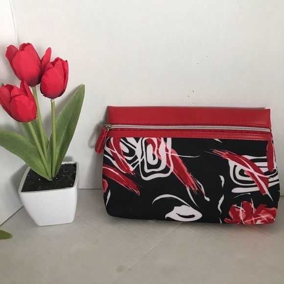 NWOT - LANCOME - Women's Make Up Mini Bag Red/Black/White Floral Zip Up - Picture 6 of 12